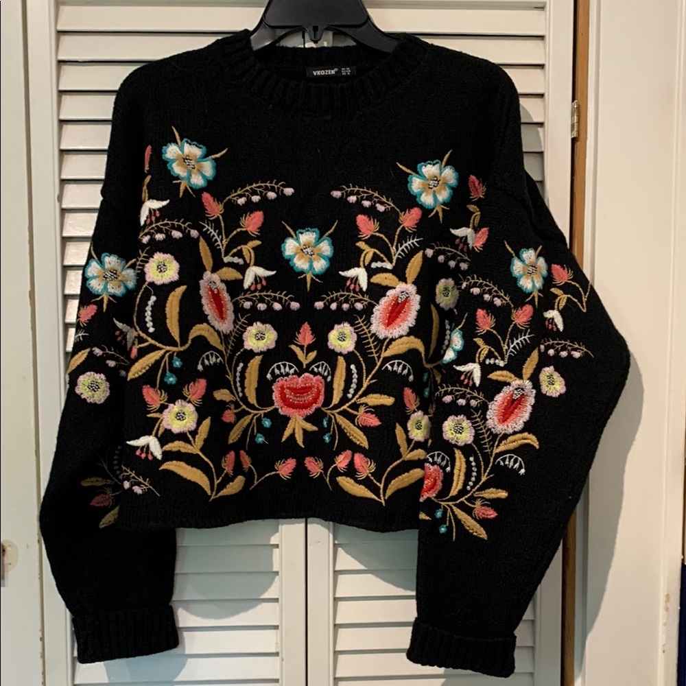 Black Knit Sweater with Vibrant Embroidery
